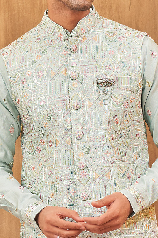Embroidered Sky Blue Art Silk Nehru Jacket (NMK-8011) - Nihal Fashions