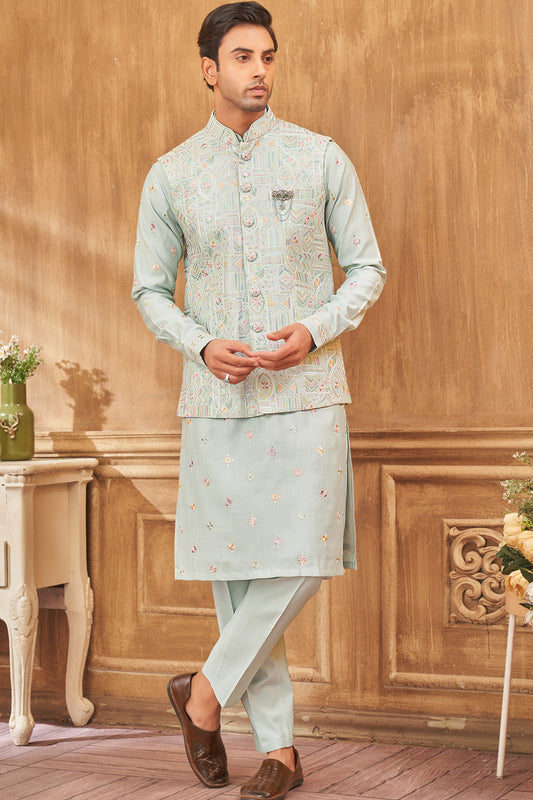 Embroidered Sky Blue Art Silk Nehru Jacket (NMK-8011) - Nihal Fashions