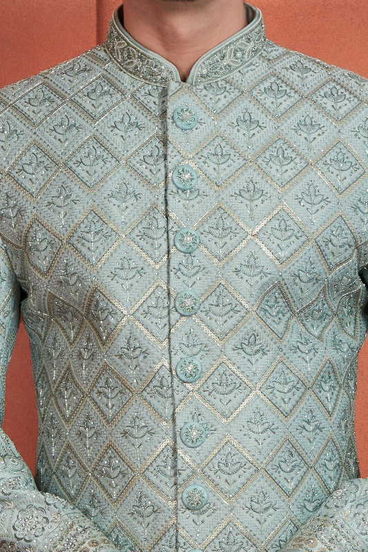 Embroidered Sky Blue Art Silk Sherwani (NMK-7892) - Nihal Fashions