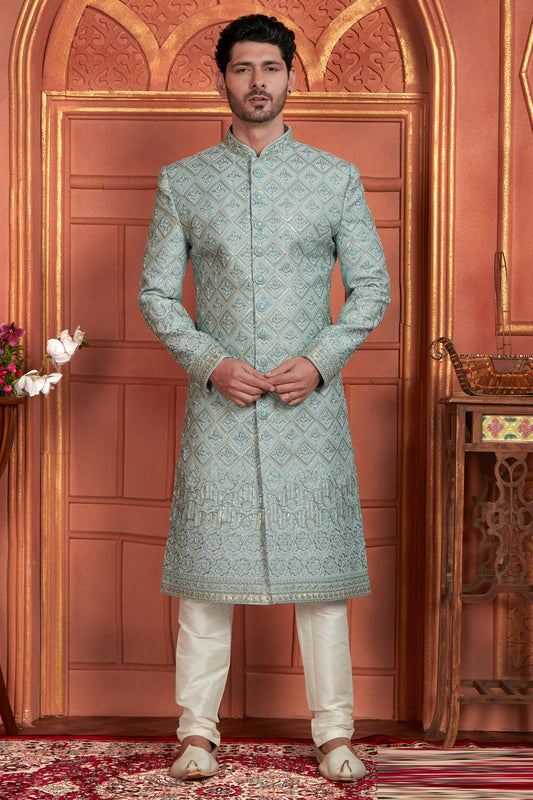 Embroidered Sky Blue Art Silk Sherwani (NMK-7892) - Nihal Fashions