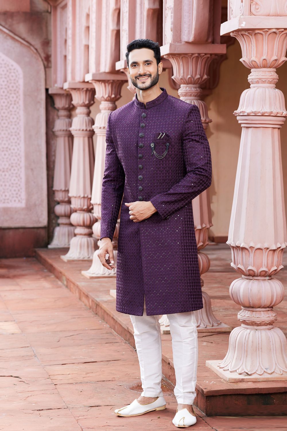 Embroidered Wine Art Silk Sherwani (NMK-7122) - Nihal Fashions