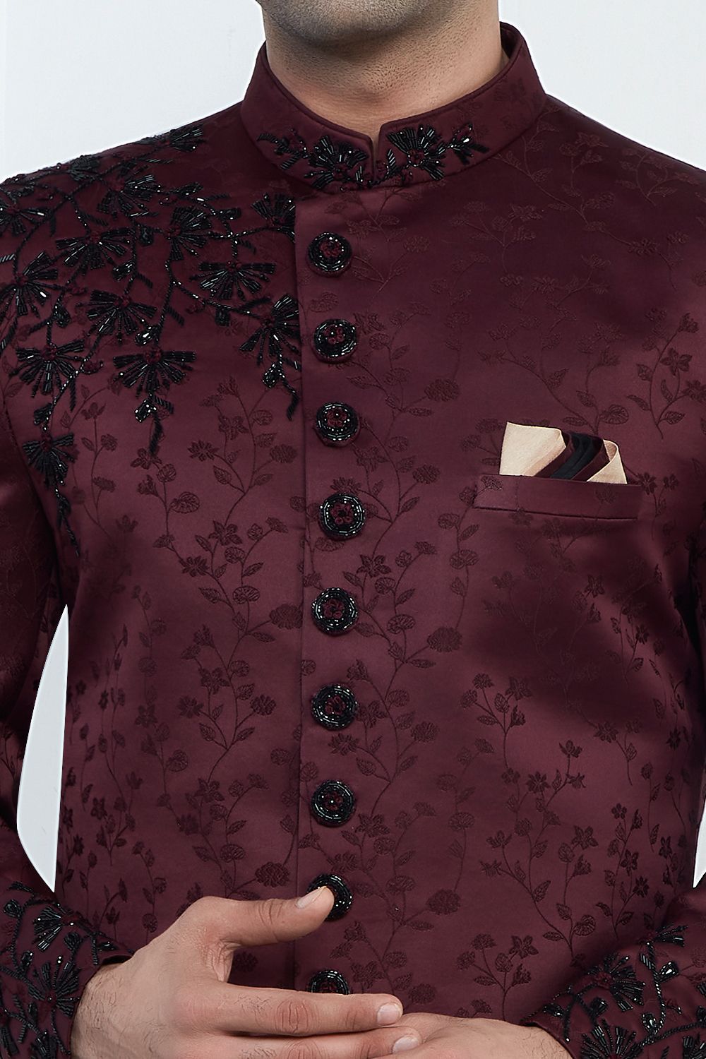 Embroidered Wine Art Silk Sherwani (NMK-7716) - Nihal Fashions