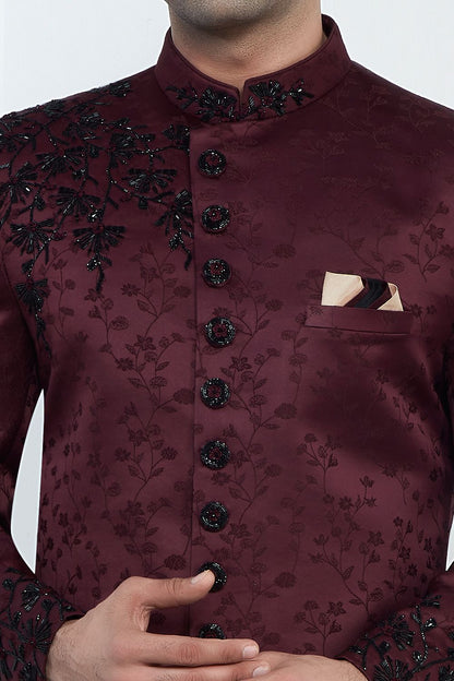 Embroidered Wine Art Silk Sherwani (NMK-7716) - Nihal Fashions