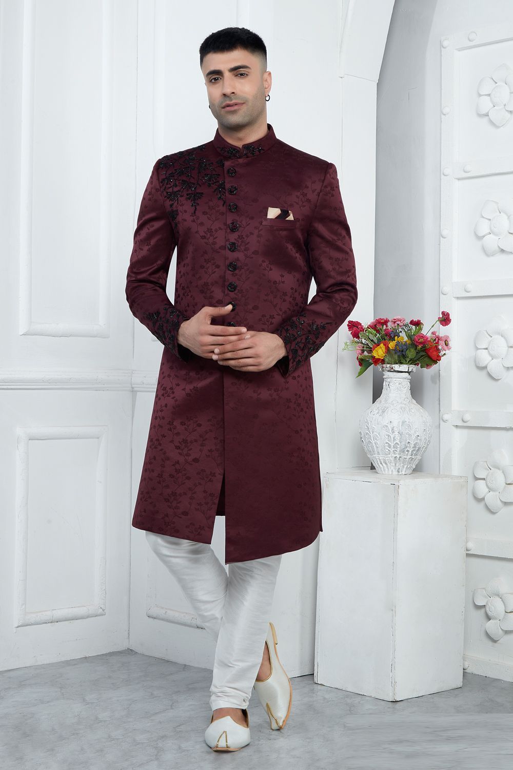 Embroidered Wine Art Silk Sherwani (NMK-7716) - Nihal Fashions