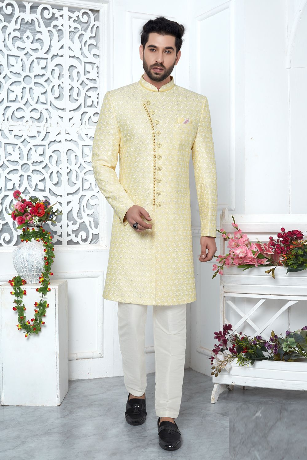 Embroidered Yellow Art Silk Indo Western (NMK-7196) - Nihal Fashions