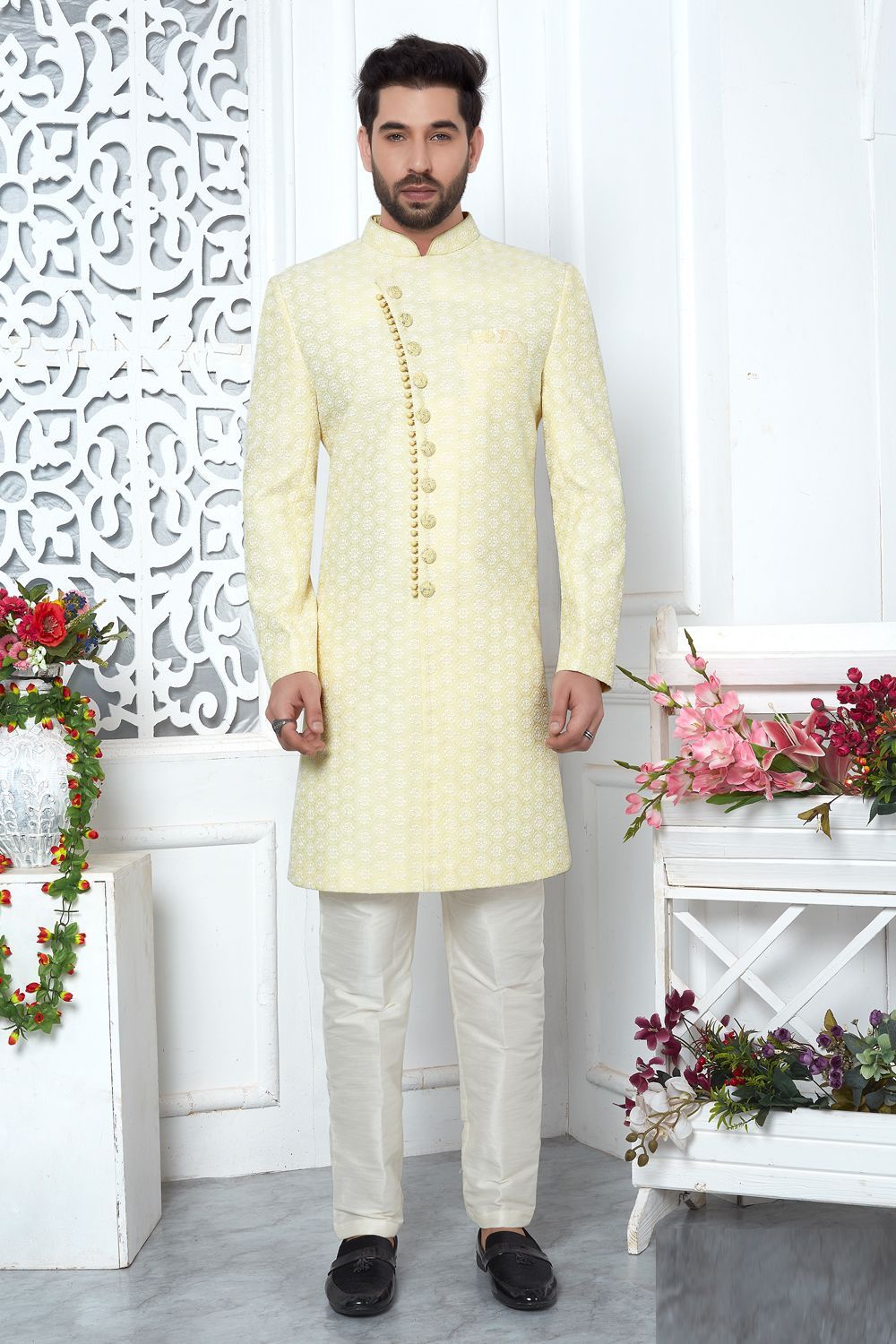 Embroidered Yellow Art Silk Indo Western (NMK-7201) - Nihal Fashions