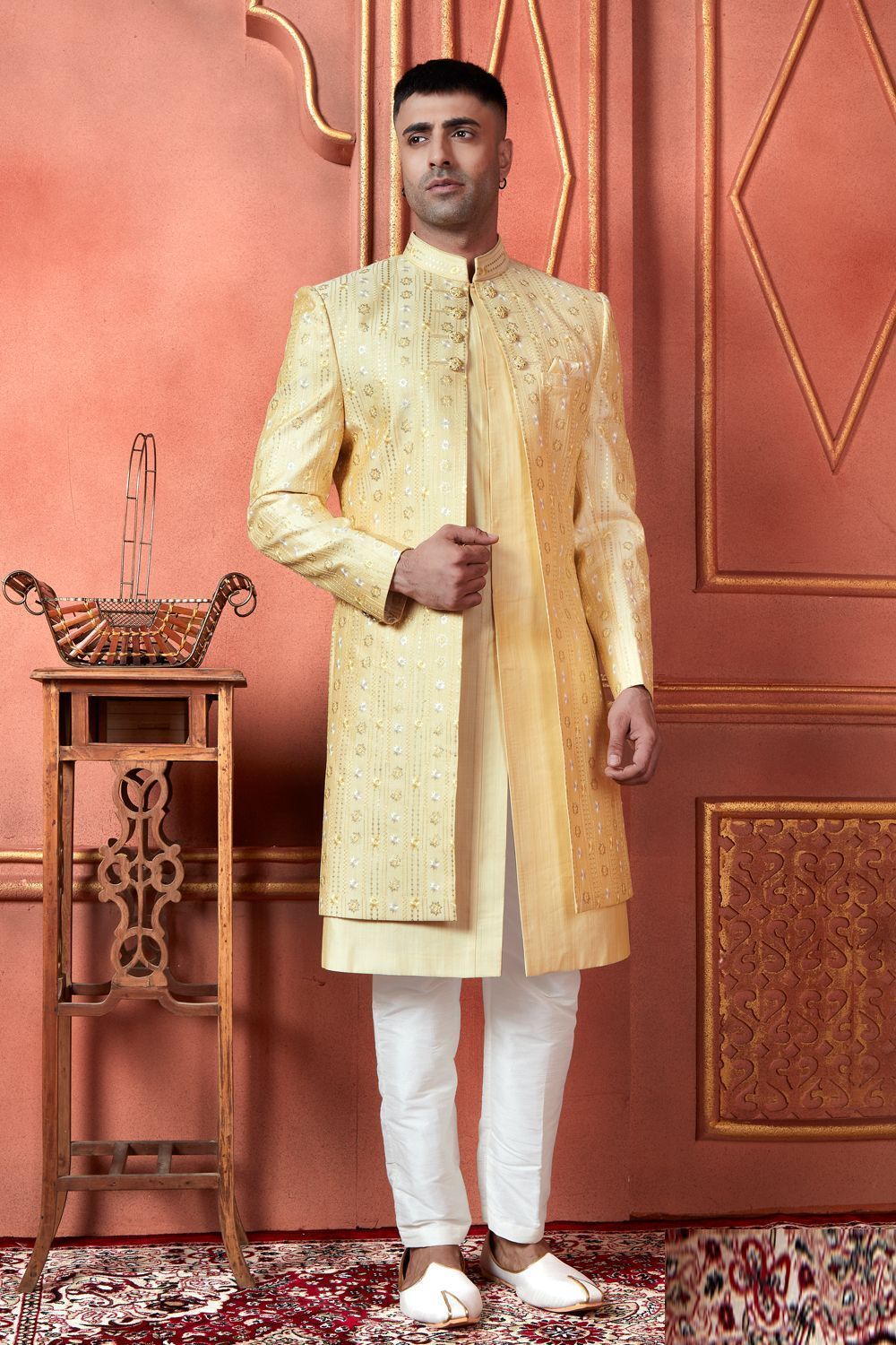 Embroidered Yellow Art Silk Indo Western (NMK-7725) - Nihal Fashions