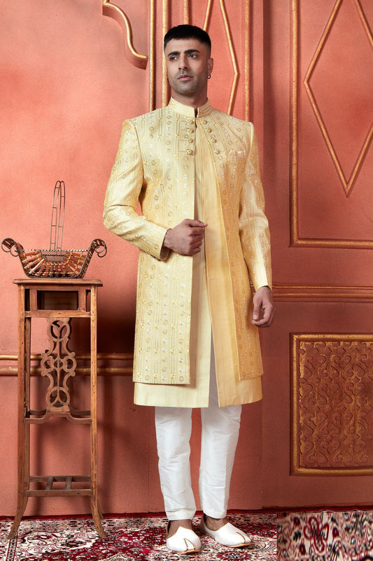 Embroidered Yellow Art Silk Indo Western (NMK-7725) - Nihal Fashions