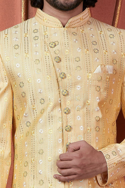 Embroidered Yellow Art Silk Sherwani (NMK-7730) - Nihal Fashions