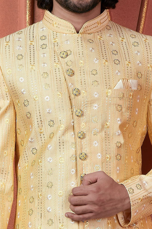 Embroidered Yellow Art Silk Sherwani (NMK-7730) - Nihal Fashions