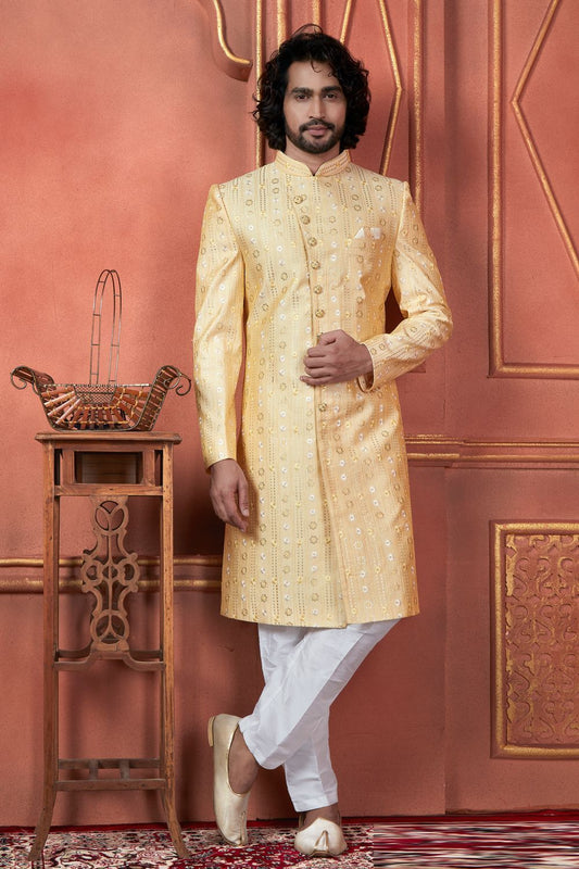 Embroidered Yellow Art Silk Sherwani (NMK-7730) - Nihal Fashions