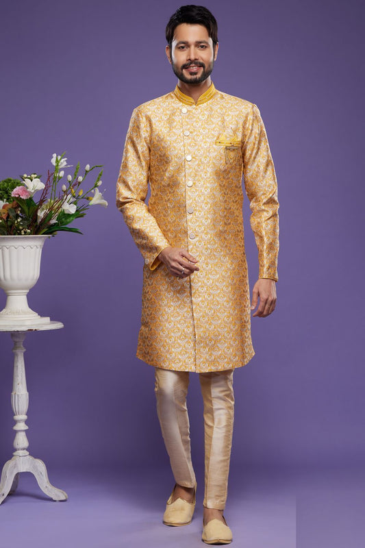 Embroidered Yellow Banarasi Jaquard Indo Western (NMK-7026) - Nihal Fashions