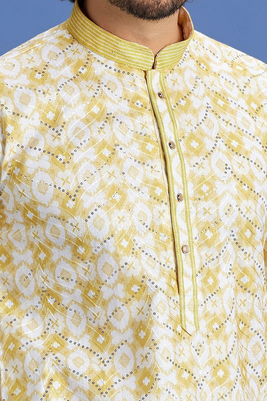Embroidered Yellow Cotton Kurta Pajama (NMK-7515) - Nihal Fashions