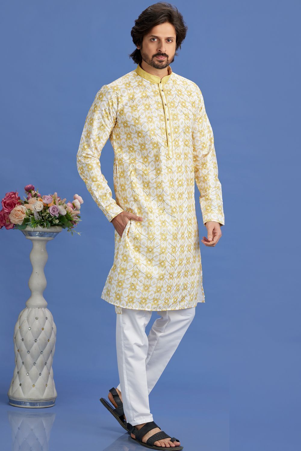 Embroidered Yellow Cotton Kurta Pajama (NMK-7515) - Nihal Fashions