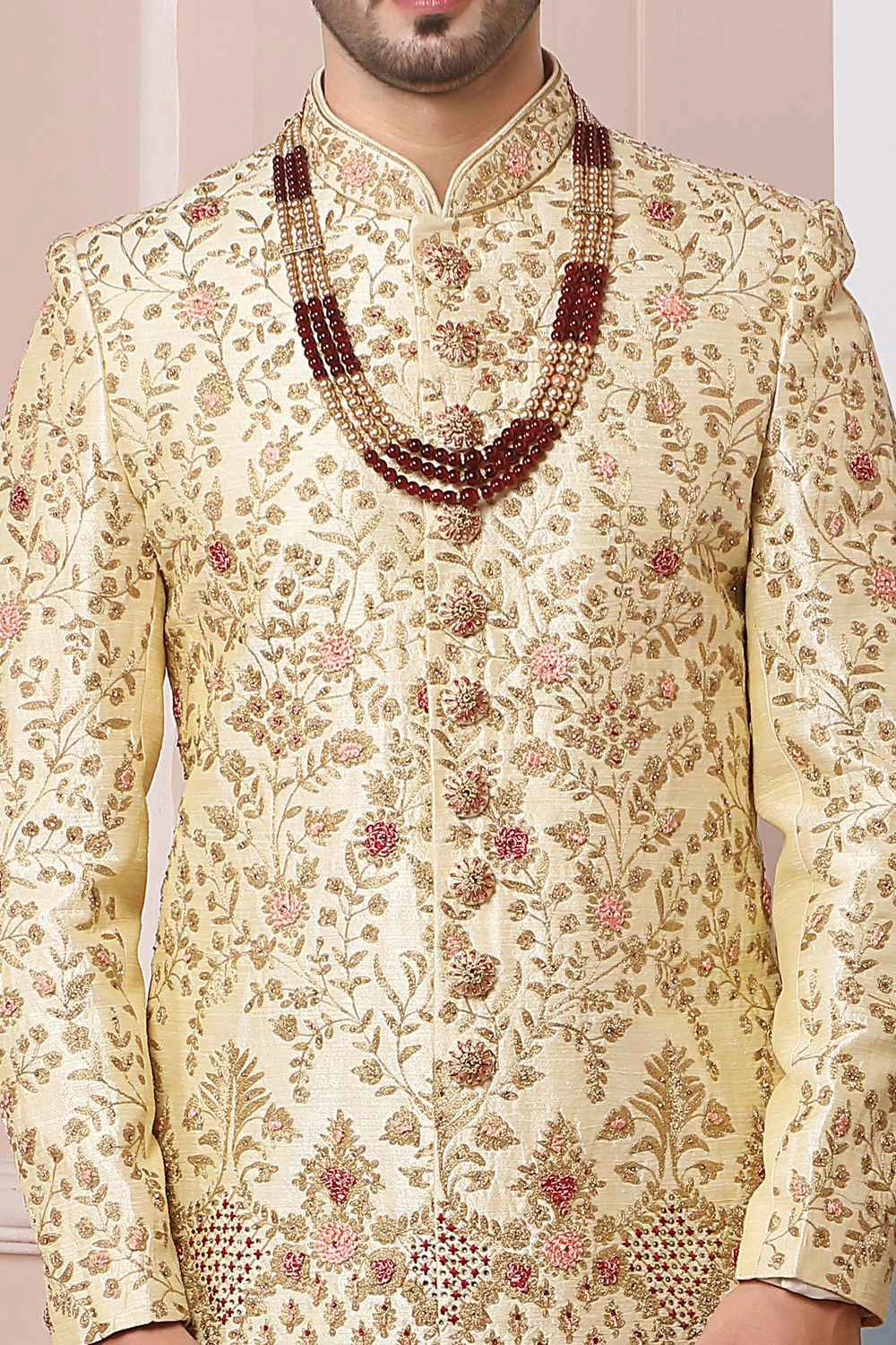 Gold Art Banarasi Silk Mens Sherwani (NMK-5955)