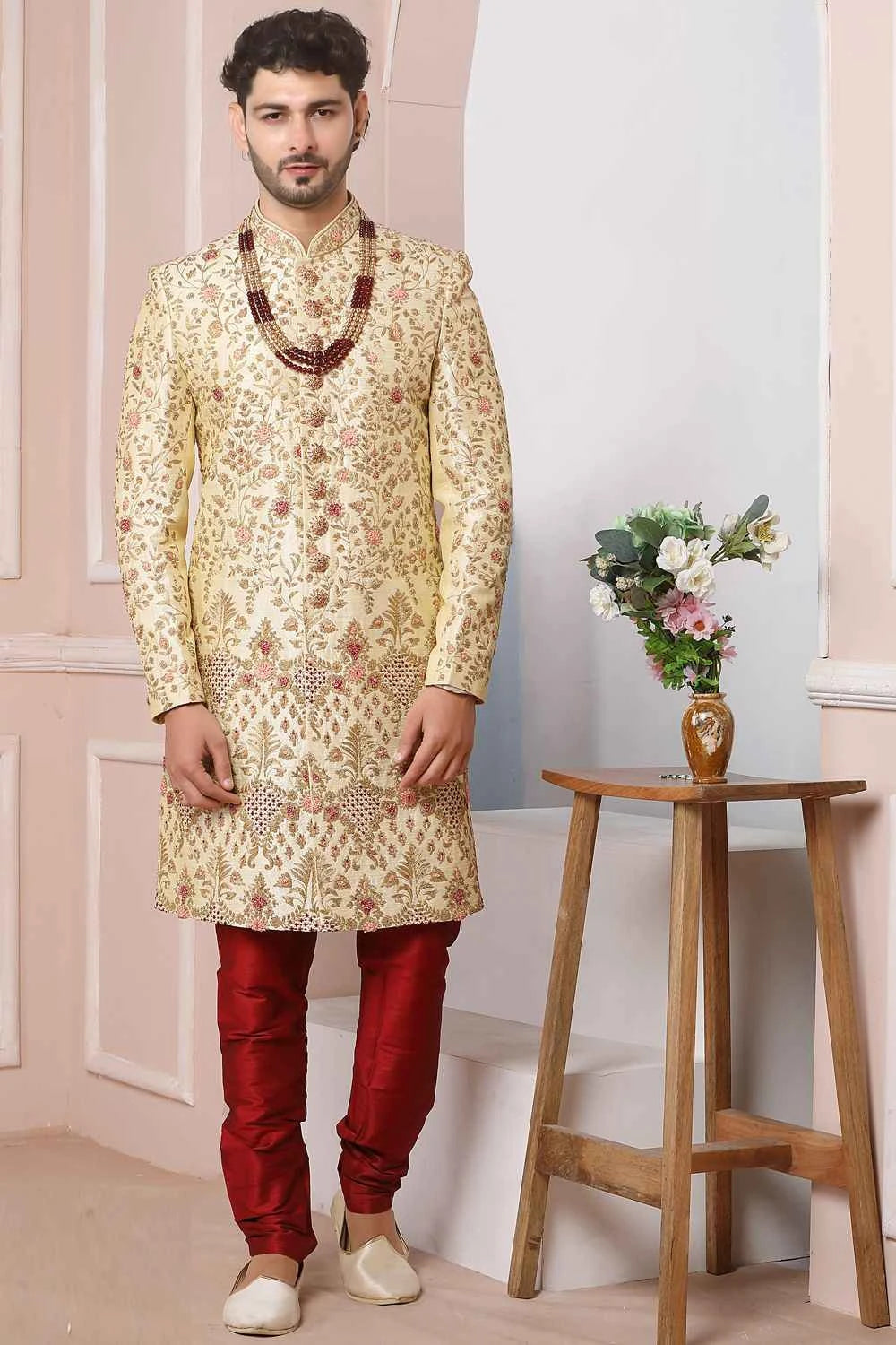 Gold Art Banarasi Silk Mens Sherwani (NMK-5955)