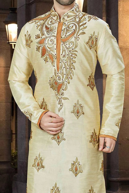Gold  Art Dupion Designer Kurta Pajama (NMK-3784)