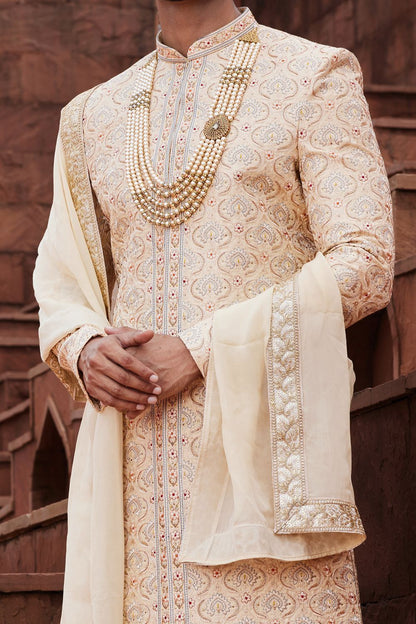 Gold Art Silk Grooms Sherwani (NMK-7160) - Nihal Fashions