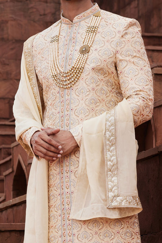 Gold Art Silk Grooms Sherwani (NMK-7160) - Nihal Fashions
