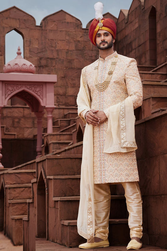Gold Art Silk Grooms Sherwani (NMK-7160) - Nihal Fashions