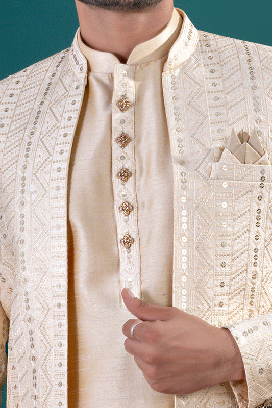 Gold Art Silk kurta with jacket (NMK-8437) - Nihal Fashions