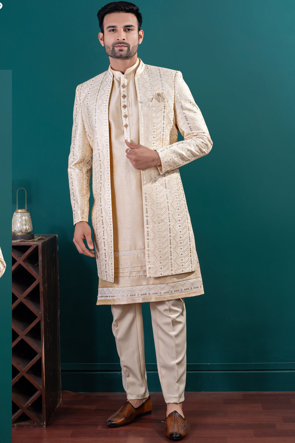 Gold Art Silk kurta with jacket (NMK-8437) - Nihal Fashions
