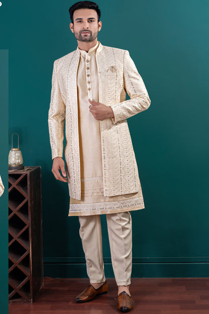 Gold Art Silk kurta with jacket (NMK-8437) - Nihal Fashions