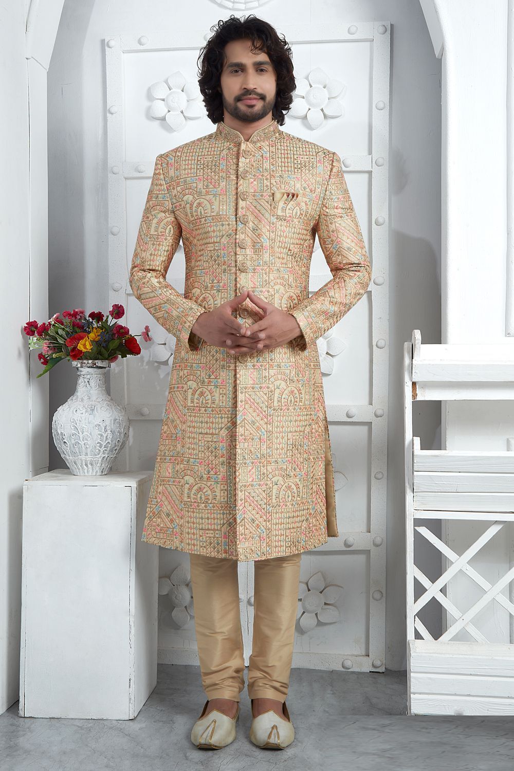 Gold Art Silk Men Sherwani (NMK-7713) - Nihal Fashions