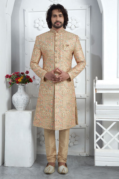 Gold Art Silk Men Sherwani (NMK-7713) - Nihal Fashions