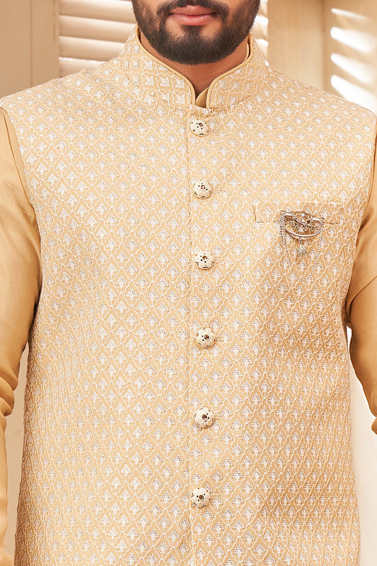 Gold Art Silk Mens Nehru Jacket (NMK-8033) - Nihal Fashions