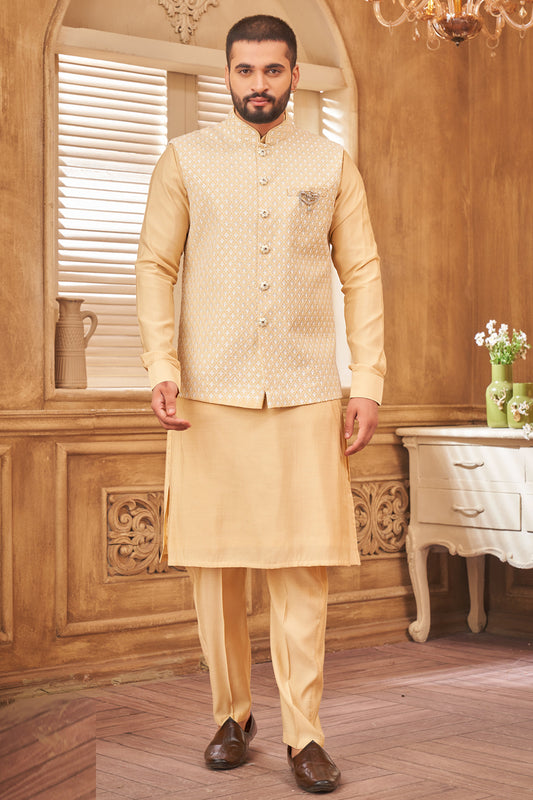 Gold Art Silk Mens Nehru Jacket (NMK-8033) - Nihal Fashions