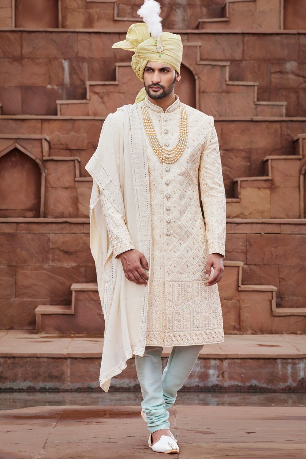 Gold Art Silk Mens Wedding Sherwani (NMK-7163) - Nihal Fashions