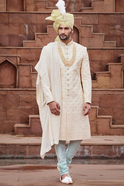Gold Art Silk Mens Wedding Sherwani (NMK-7163) - Nihal Fashions