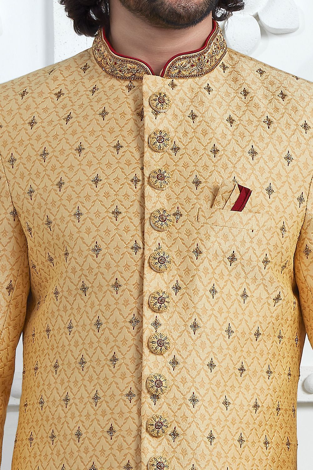 Gold Art Silk Sherwani (NMK-7711) - Nihal Fashions