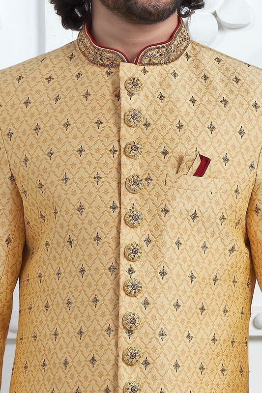 Gold Art Silk Sherwani (NMK-7711) - Nihal Fashions