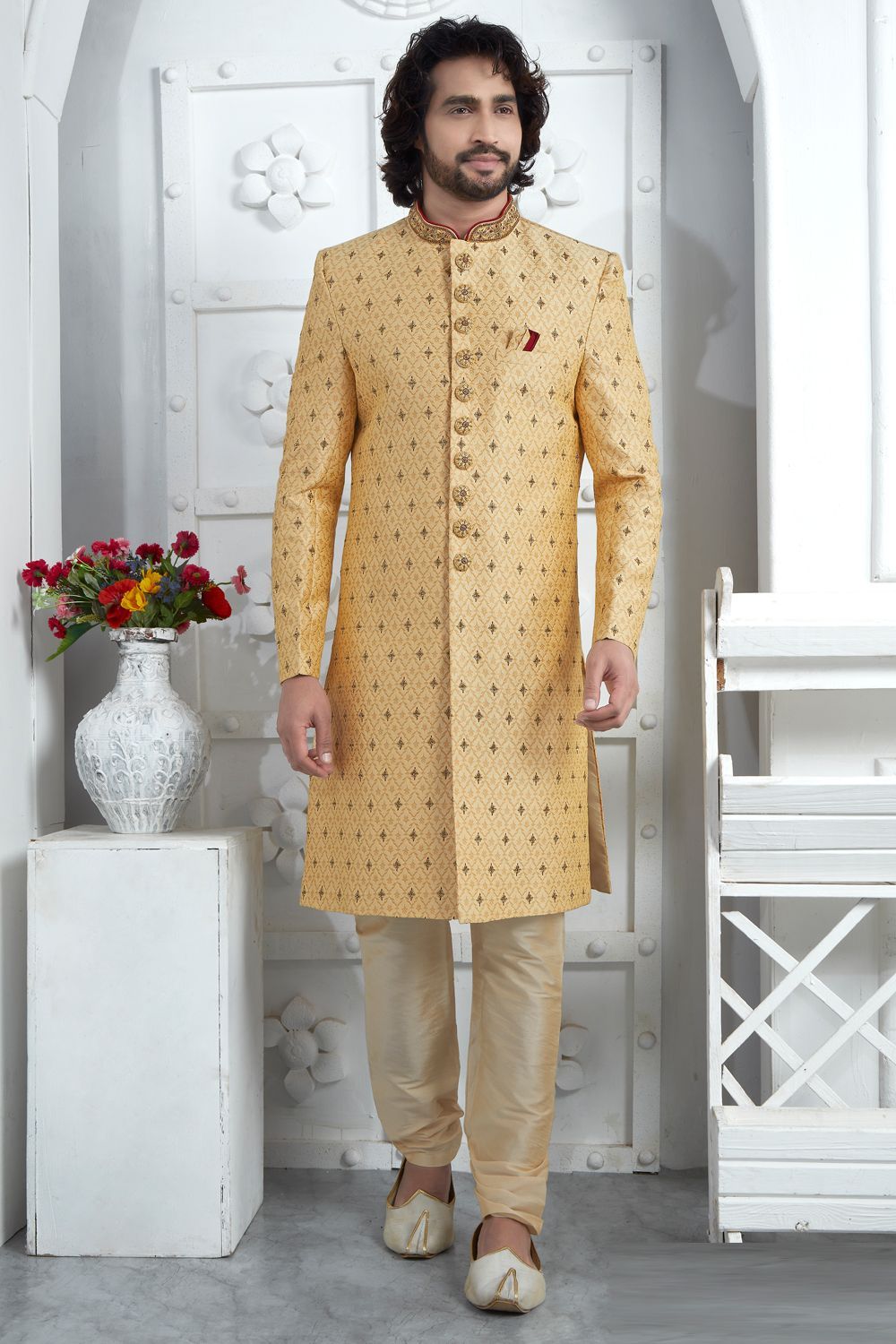 Gold Art Silk Sherwani (NMK-7711) - Nihal Fashions