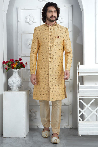 Gold Art Silk Sherwani (NMK-7711) - Nihal Fashions