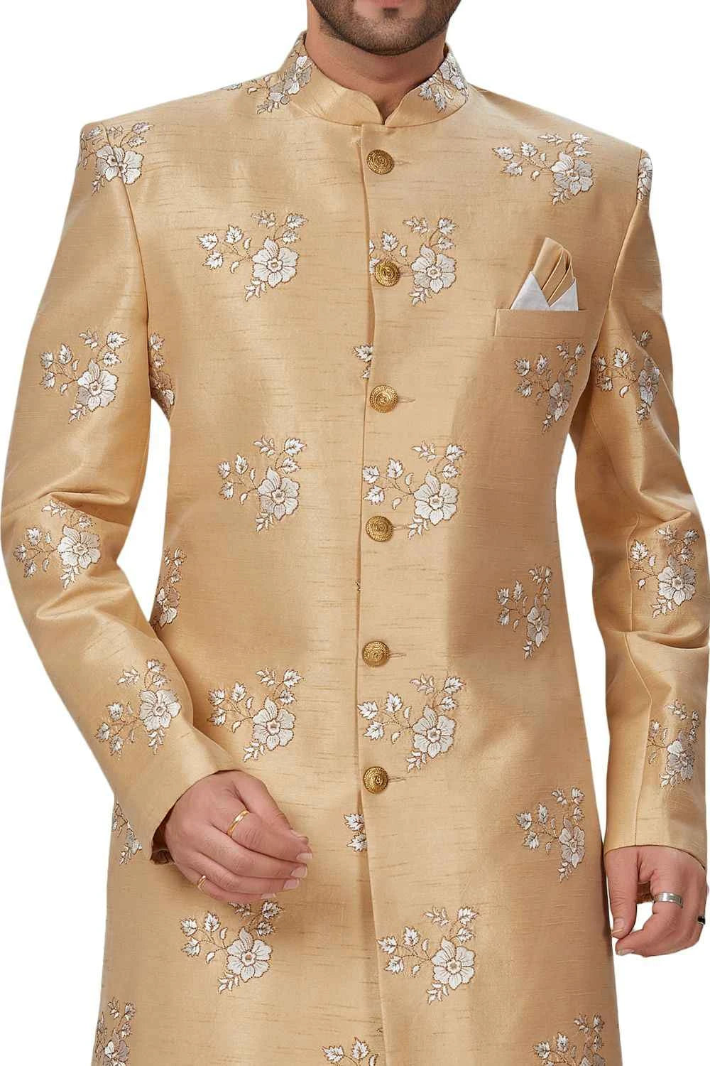 Gold Dupion Silk Grooms Sherwani (NMK-4948)