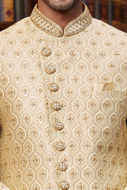 Gold Imported Jaquard Silk Sherwani (NMK-8284) - Nihal Fashions