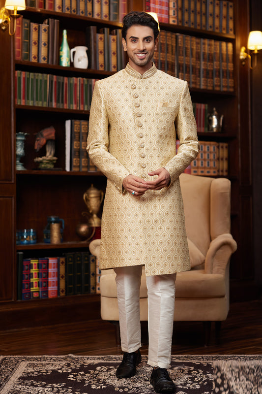 Gold Imported Jaquard Silk Sherwani (NMK-8284) - Nihal Fashions