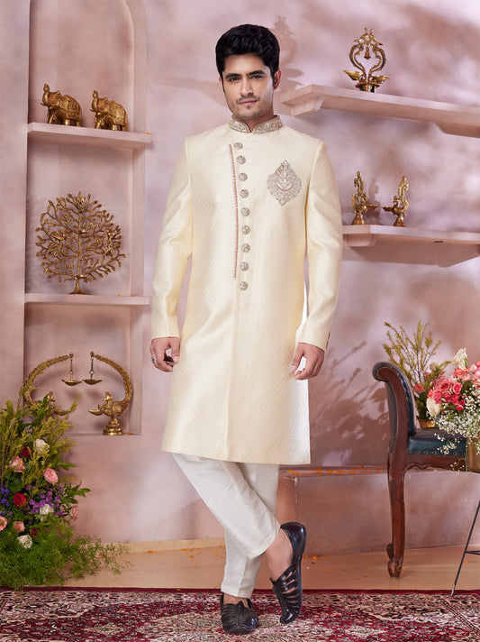 Gold Jaquard Banarasi Silk Sherwani (NMK-8306) - Nihal Fashions