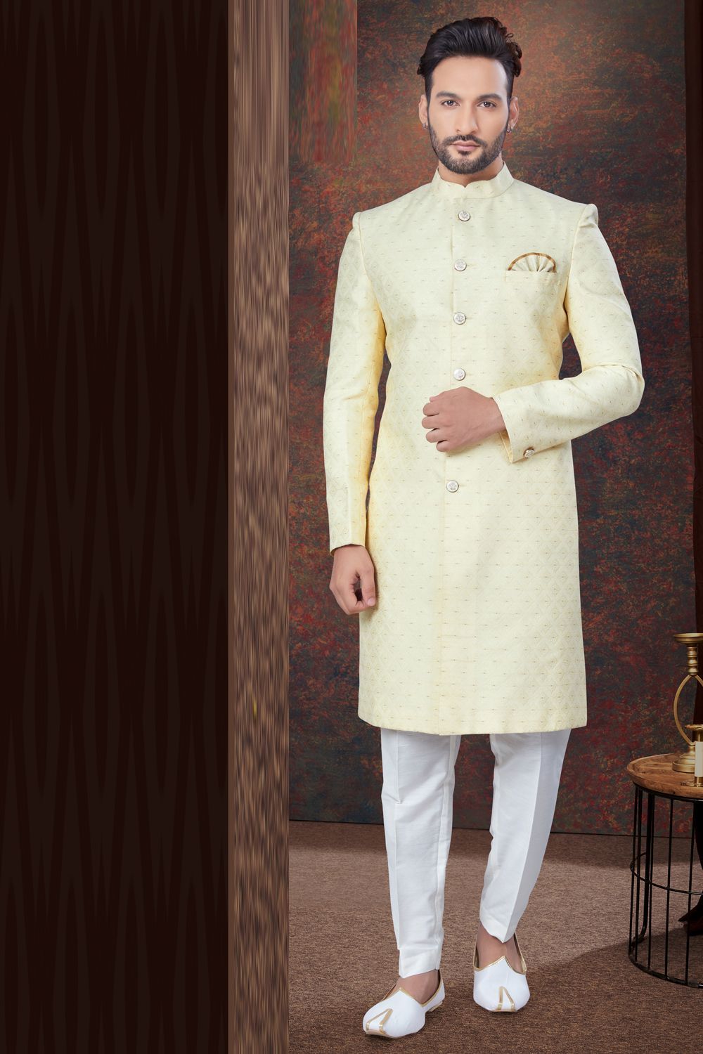 Gold Jaquard Indo Western for Men (NMK-7771) - Nihal Fashions