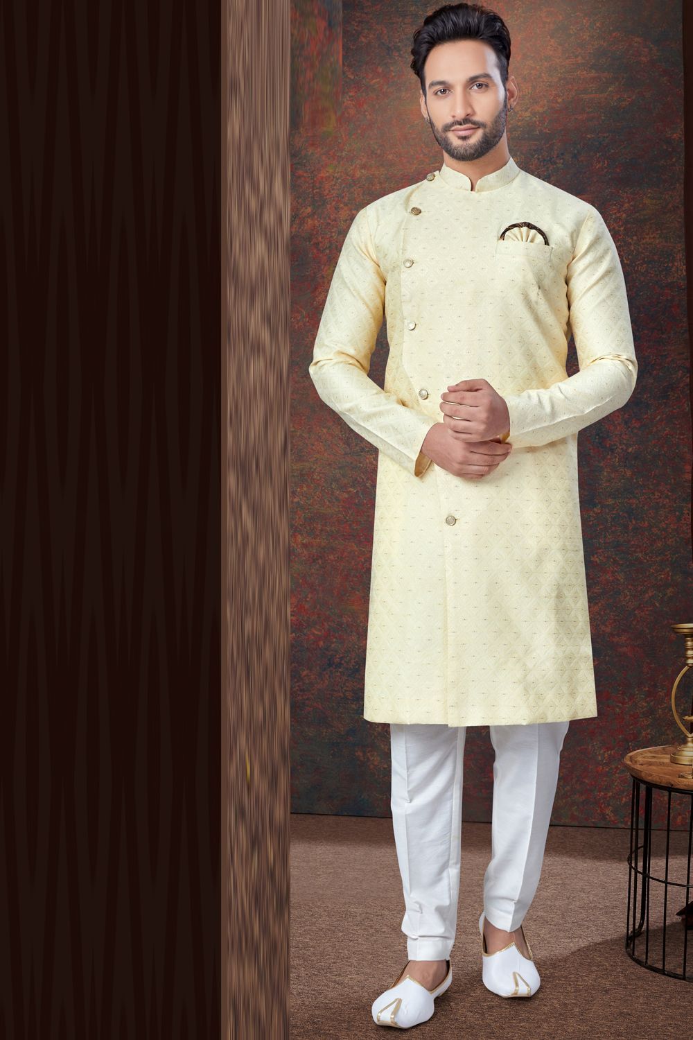 Gold Jaquard Indo Western for Mens (NMK-7850) - Nihal Fashions