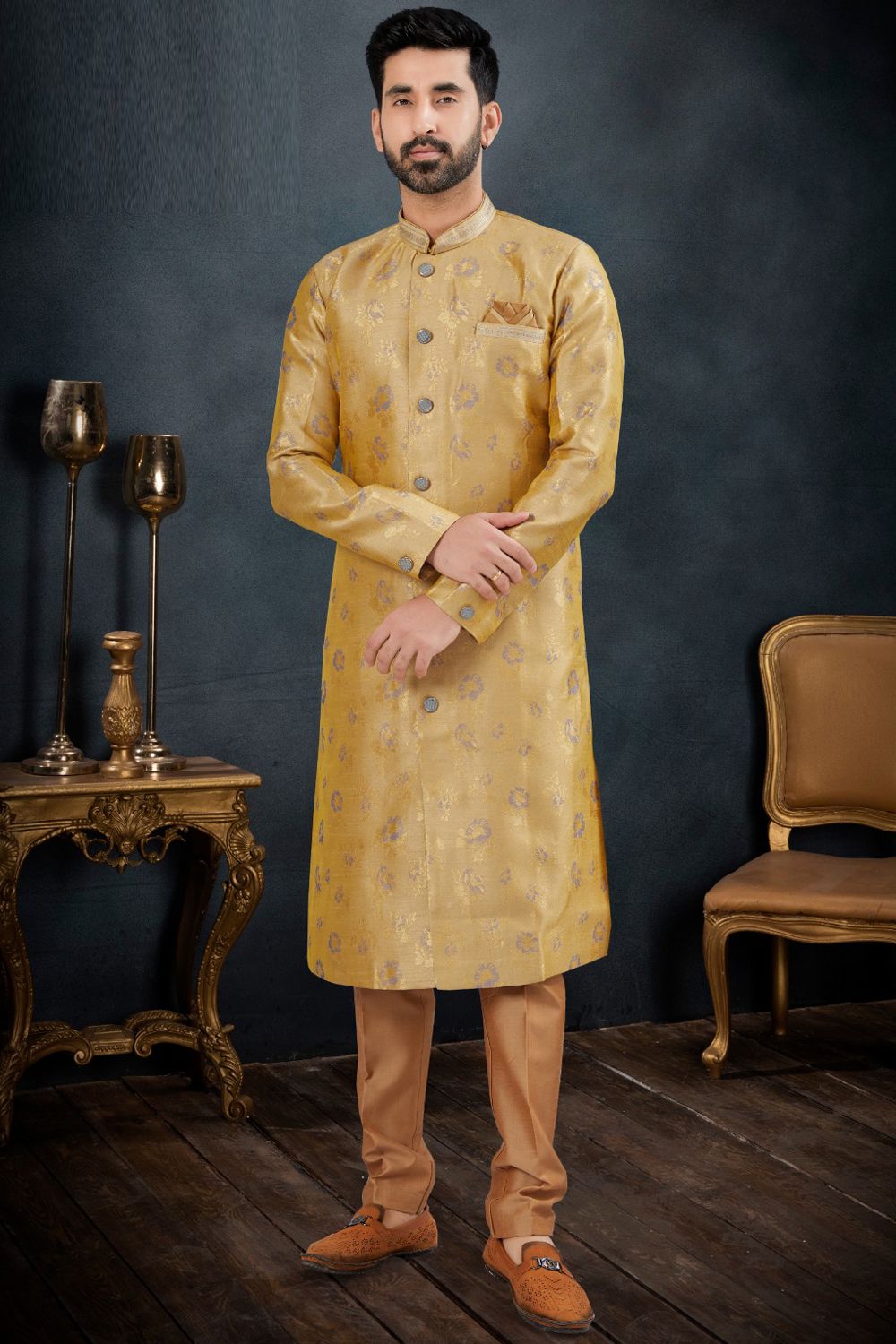 Gold Jaquard Indo Western (NMK-7618) - Nihal Fashions