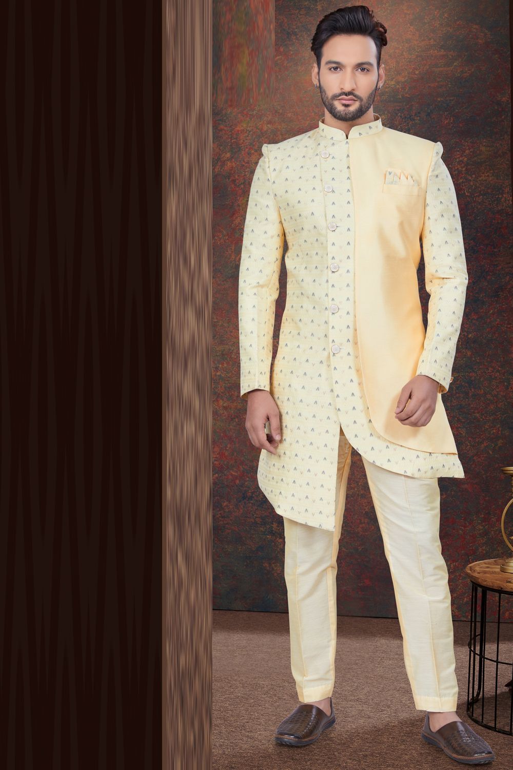Gold Jaquard Mens Indo Western (NMK-7769) - Nihal Fashions