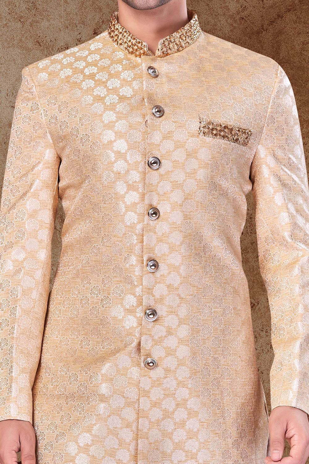 Gold Jaquard Sherwani for Men (NMK-6757) - Nihal Fashions