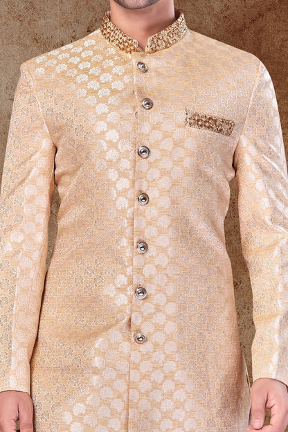 Gold Jaquard Sherwani for Men (NMK-6757) - Nihal Fashions