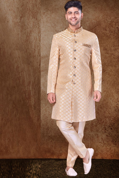 Gold Jaquard Sherwani for Men (NMK-6757) - Nihal Fashions