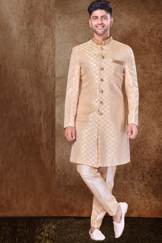 Gold Jaquard Sherwani for Men (NMK-6757) - Nihal Fashions