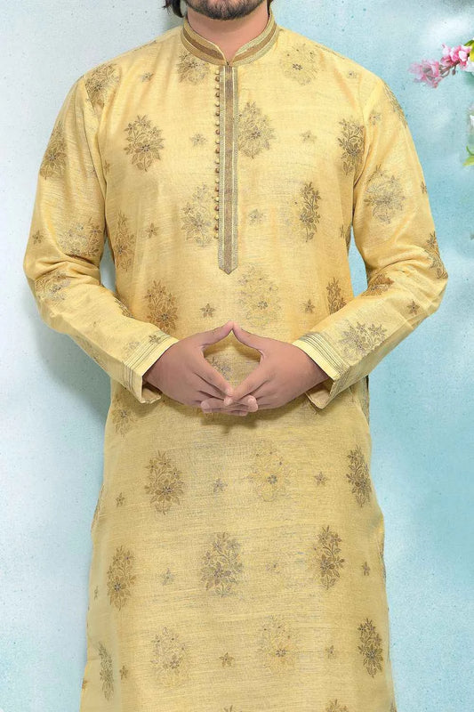 Gold Jaquard Silk Brocade Kurtas for Men (NMK-4889)